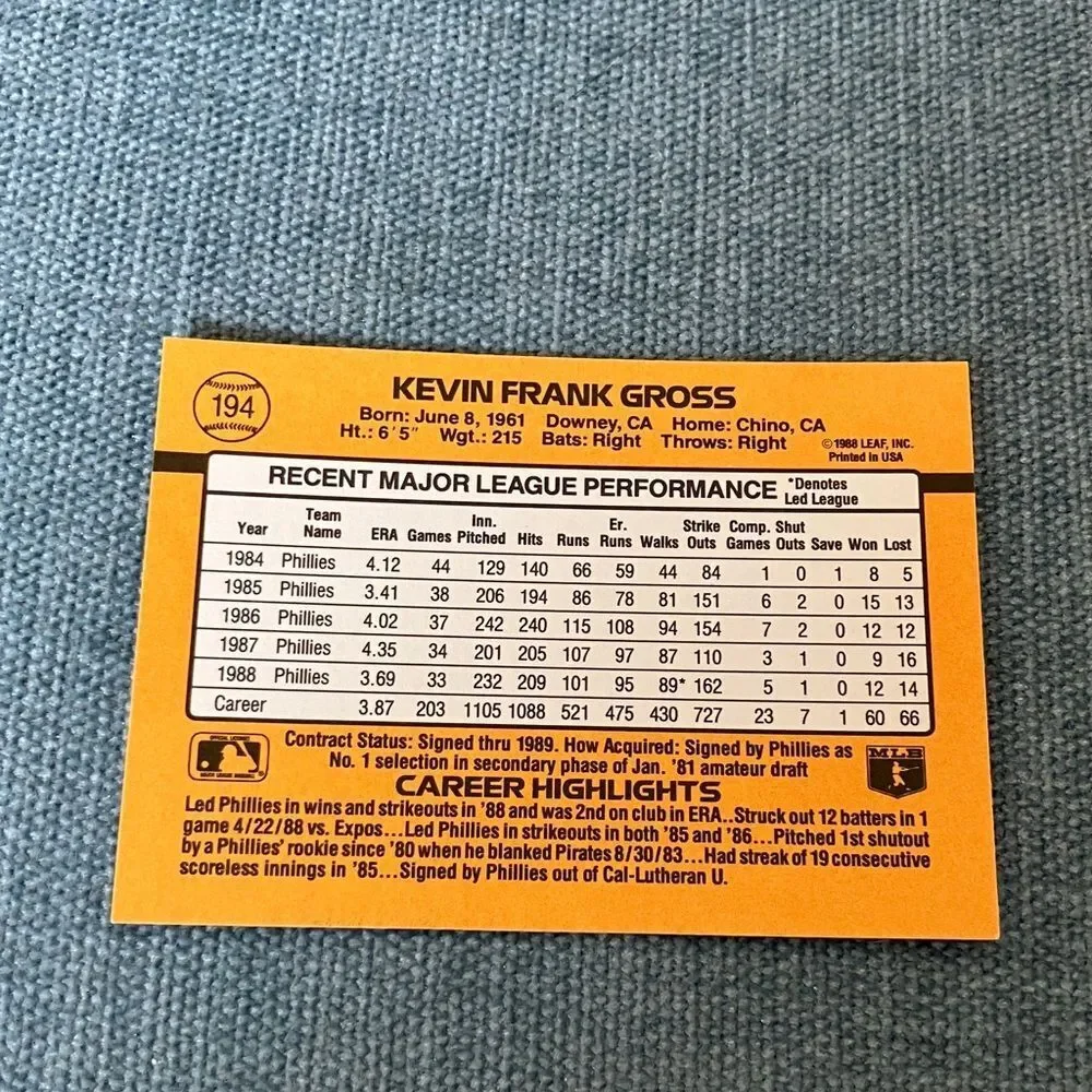 1989 Donruss Philadelphia Phillies Baseball Card Trading Card